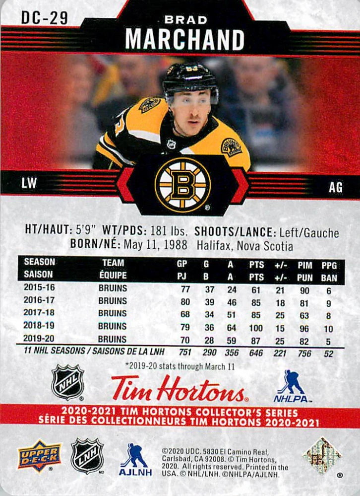 2020-21 UD Tim Hortons Collector's Series - Brad Marchand - Red Die-Cuts #DC-29