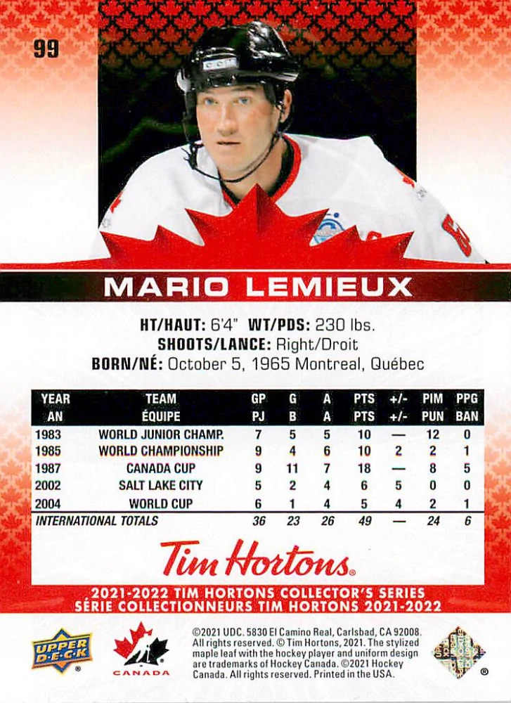 2021-22 UD Tim Hortons Team Canada - Mario Lemieux #99