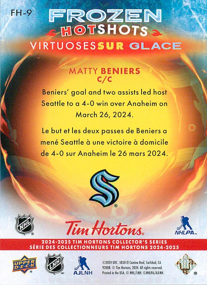 2024-25 UD Tim Hortons - Matty Beniers - Frozen Hotshots #FH-9