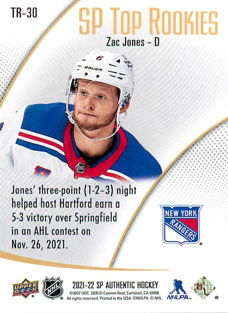 2021-22 UD SP Authentic - Zac Jones - SP Top Rookies #TR-30