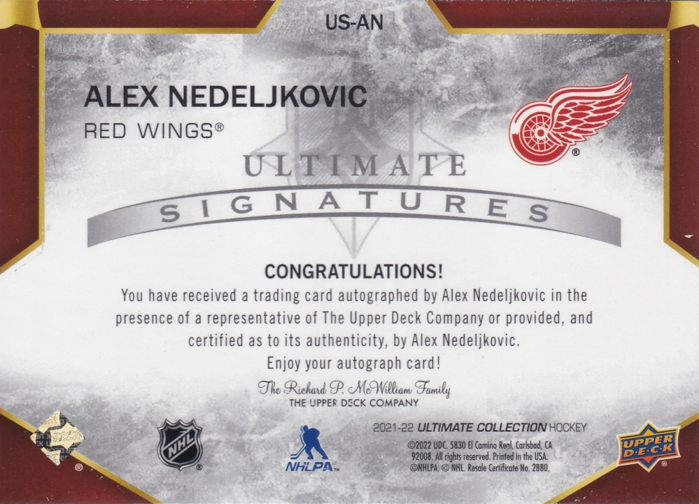 2021-22 UD Ultimate Collection - Alex Nedeljkovic - Ultimate Signatures #US-AN