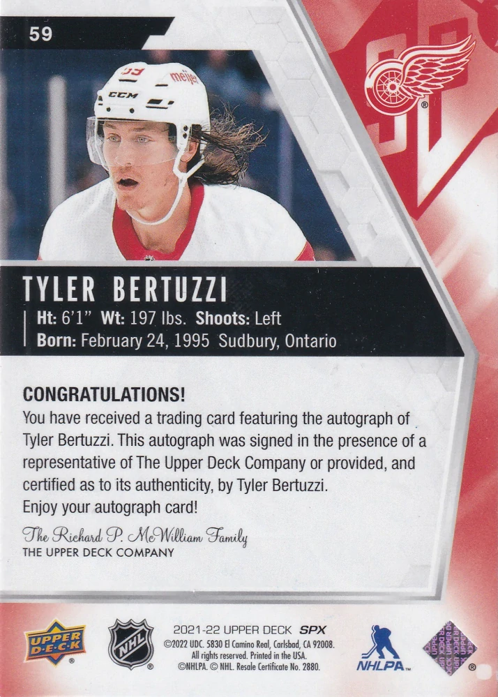 2021-22 UD SPx - Tyler Bertuzzi - Autographs #59