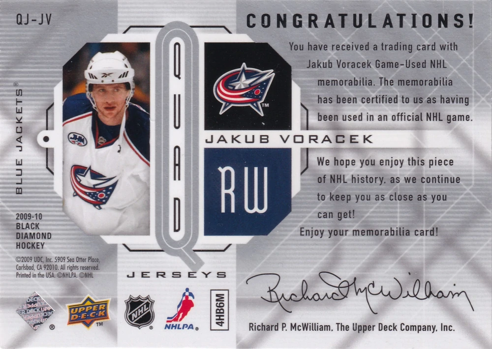 2009-10 UD Black Diamond - Jakub Voráček - Quad Jerseys #QJ-JV