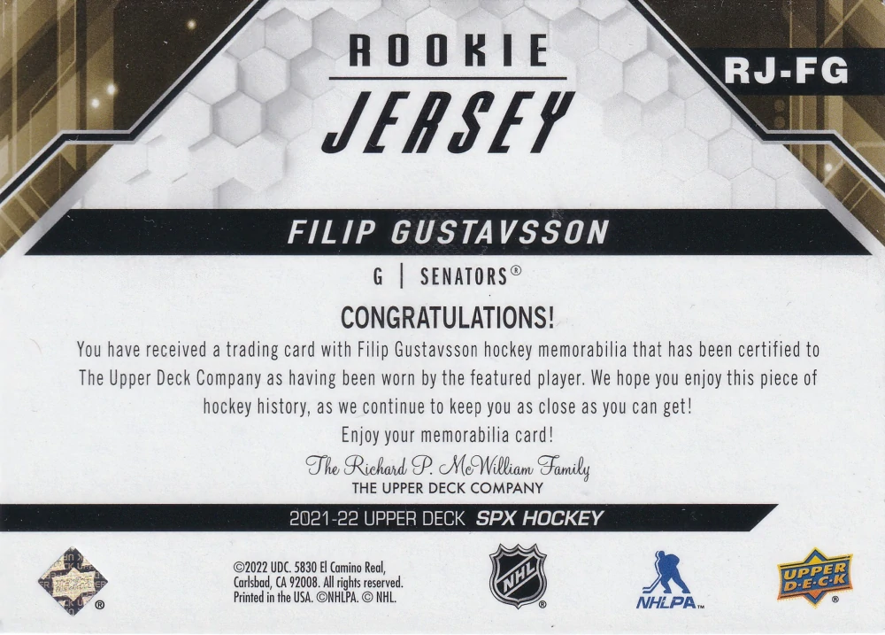 2021-22 UD SPx - Filip Gustavsson - Rookie Jersey #RJ-FG