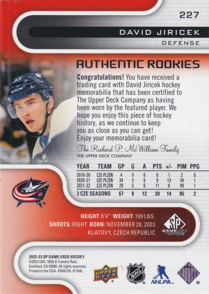 2022-23 UD SP Game Used - David Jiříček - Authentic Rookies Red Jersey #227