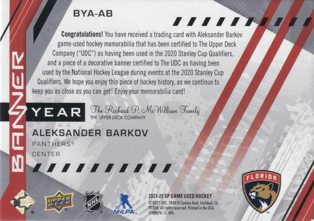 2021-22 UD SP Game Used - Aleksander Barkov - Banner Year