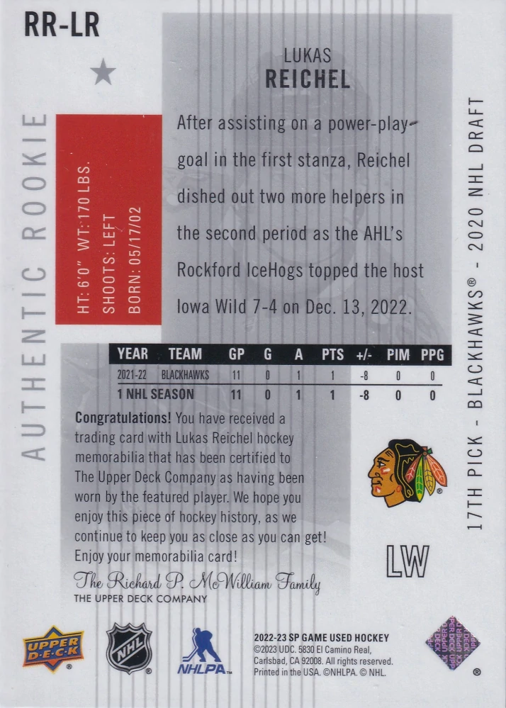 2022-23 UD SP Game Used - Lukas Reichel - Retro Renovations Jersey #RR-LR 
