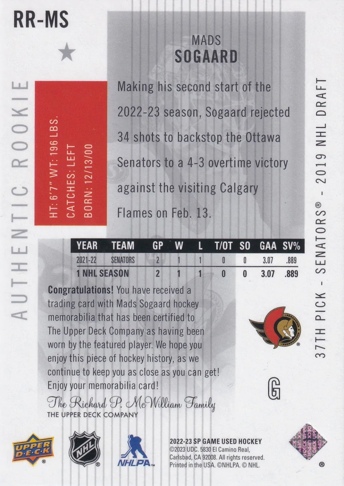 2022-23 UD SP Game Used - Mads Sogaard - Retro Renovations Jersey #RR-MS