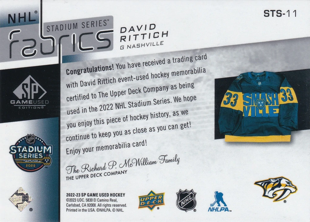 2022-23 UD SP Game Used - David Rittich - NHL Stadium Series Fabrics #STS-11