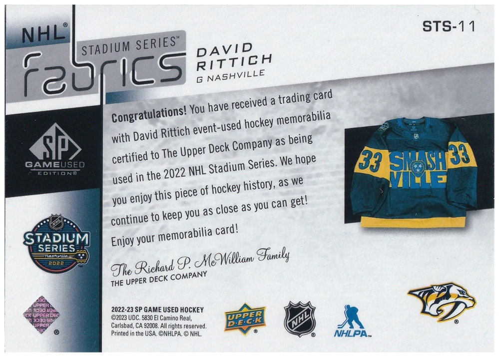2022-23 UD SP Game Used - David Rittich - NHL Stadium Series Fabrics #STS-11