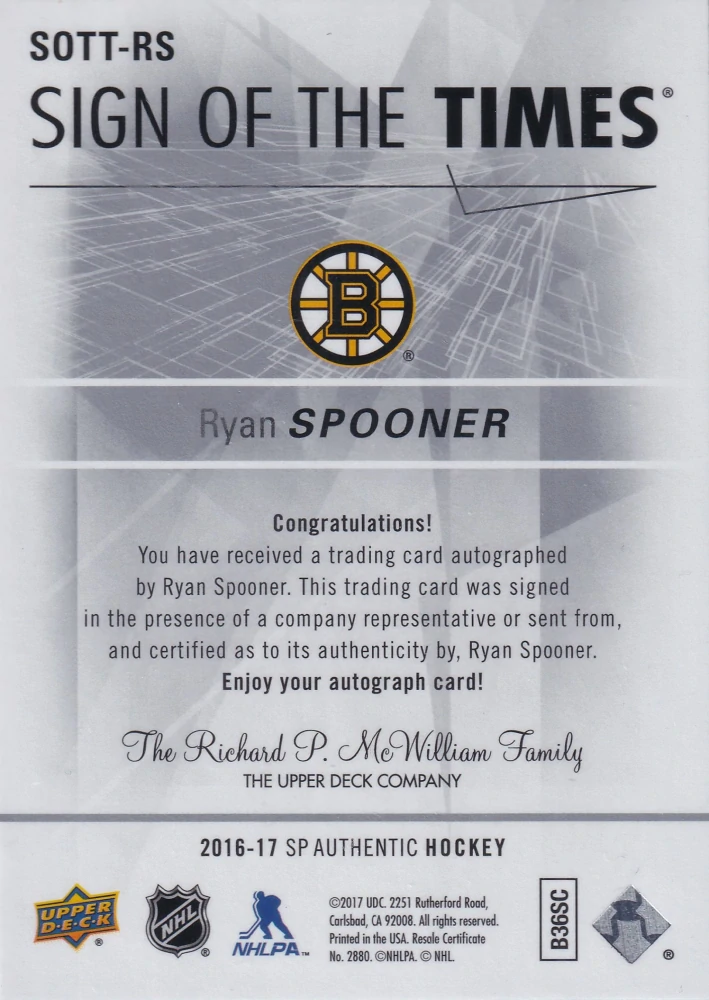 2016-17 UD SP Authentic - Ryan Spooner - Sign Of The Times #SOTT-RS