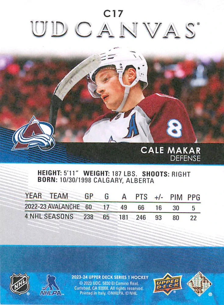2023-24 UD Series 1 - Cale Makar - Canvas #C17