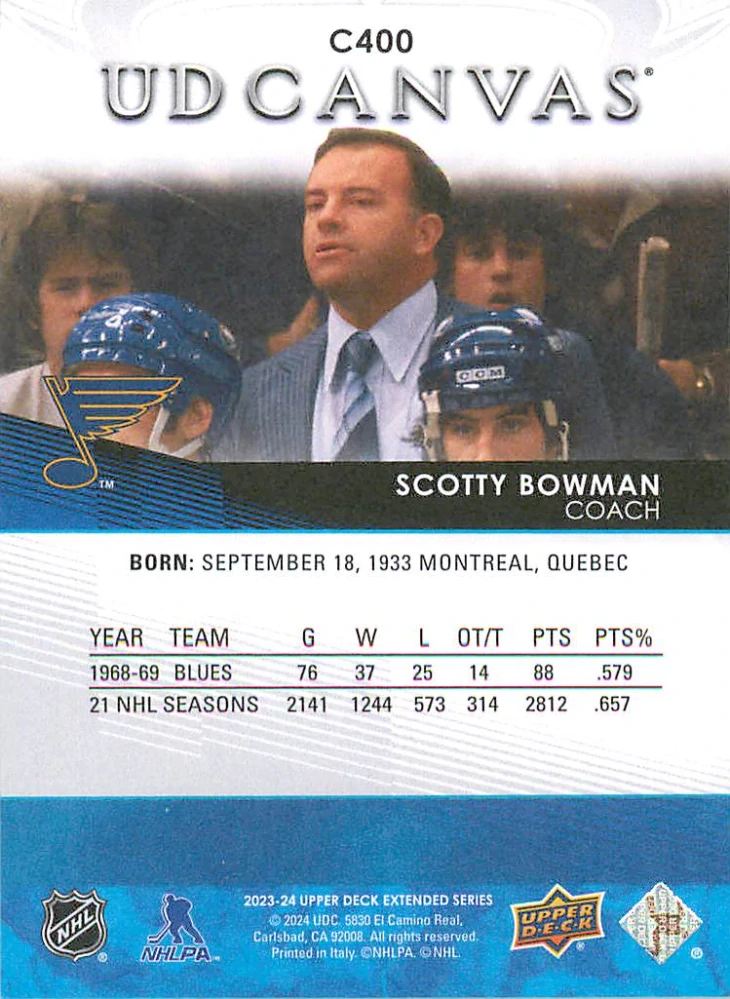 2023-24 UD Extended Series - Scotty Bowman - Canvas Legends #C400