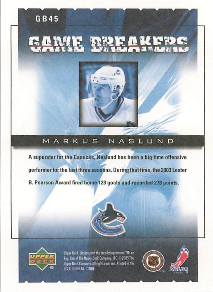 2005-06 UD Victory - Markus Naslund - Game Breakers #GB45