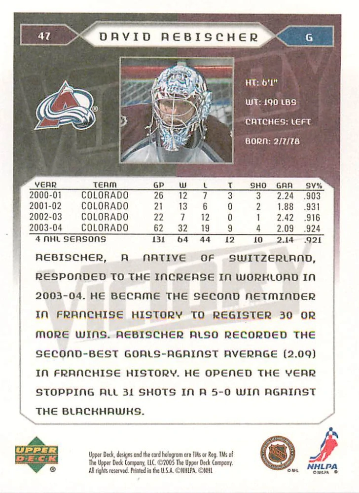 2005-06 UD Victory - David Aebischer #47