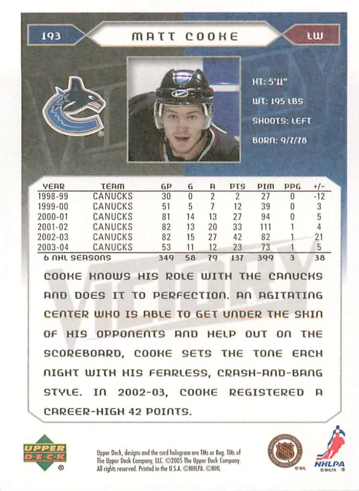 2005-06 UD Victory - Matt Cooke #193