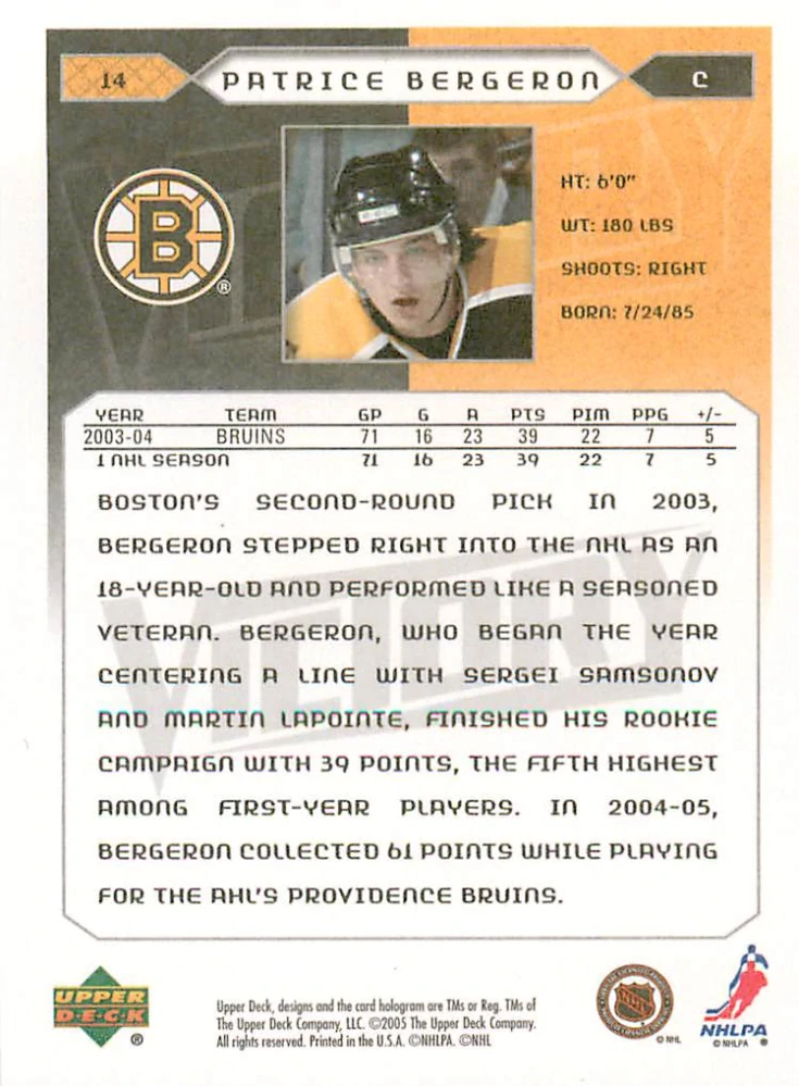 2005-06 UD Victory - Patrice Bergeron #14