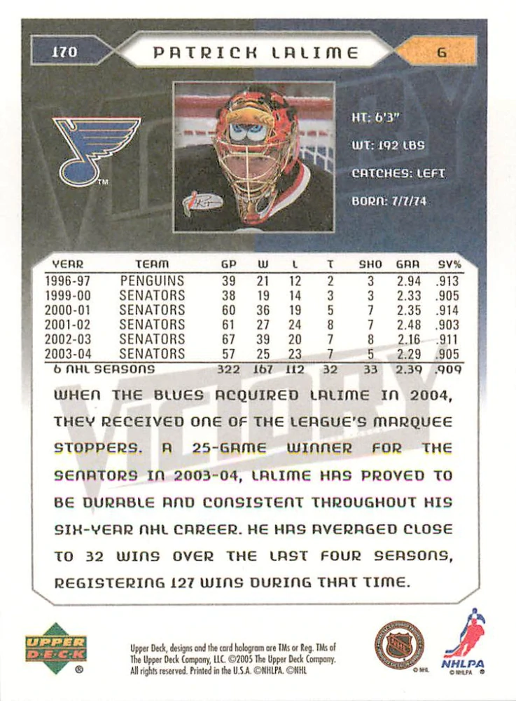 2005-06 UD Victory - Patrick Lalime #170