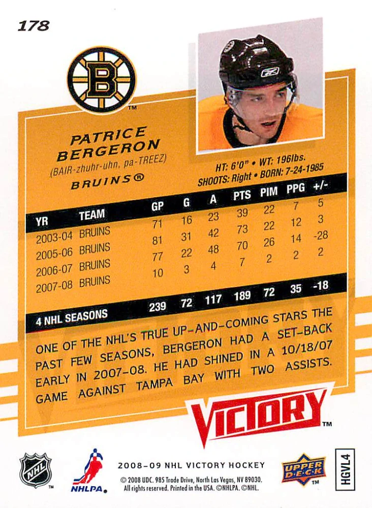 2008-09 UD Victory - Patrice Bergeron #178