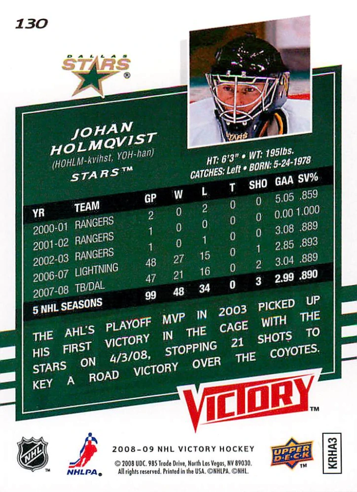2008-09 UD Victory - Johan Holmqvist #130