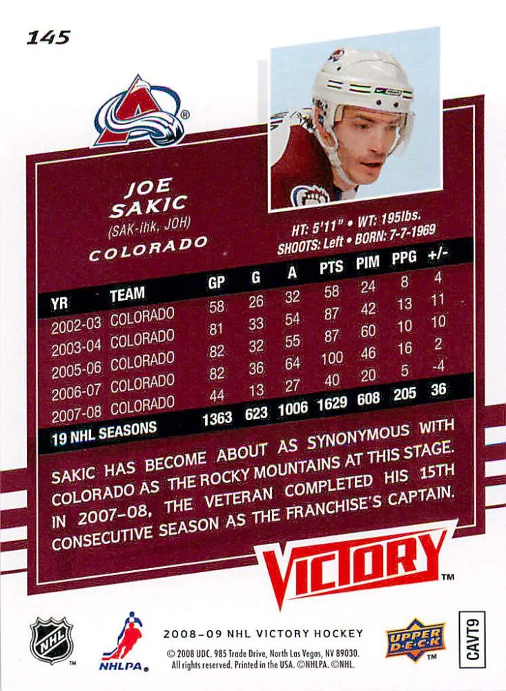 2008-09 UD Victory - Joe Sakic #145
