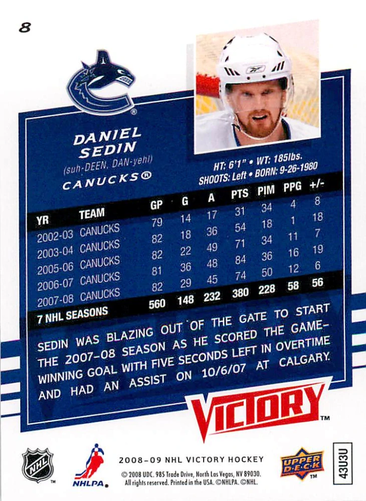 2008-09 UD Victory - Daniel Sedin #8