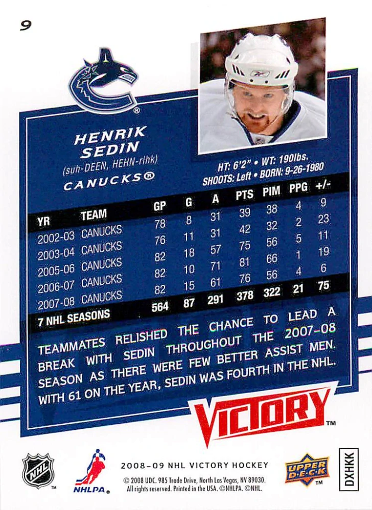 2008-09 UD Victory - Henrik Sedin #9