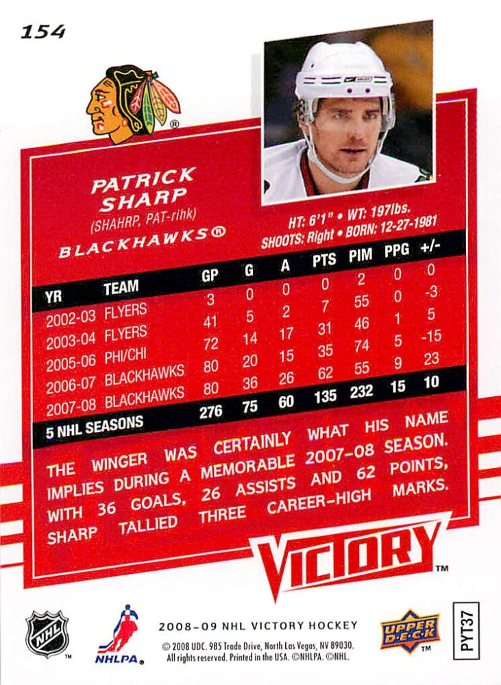 2008-09 UD Victory - Patrick Sharp #154