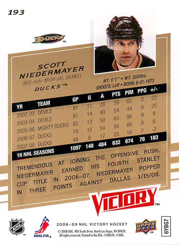 2008-09 UD Victory - Scott Niedermayer #193