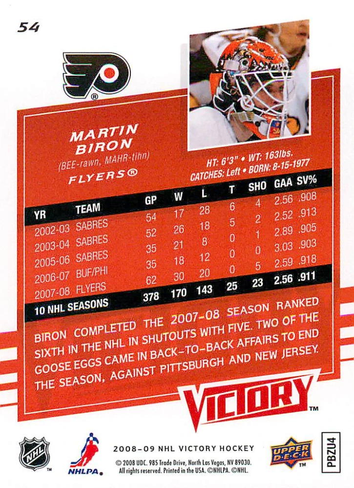 2008-09 UD Victory - Martin Biron #54