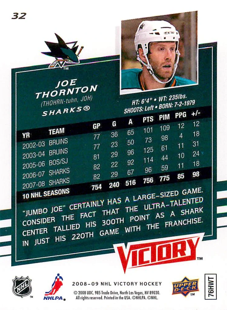 2008-09 UD Victory - Joe Thornton #32
