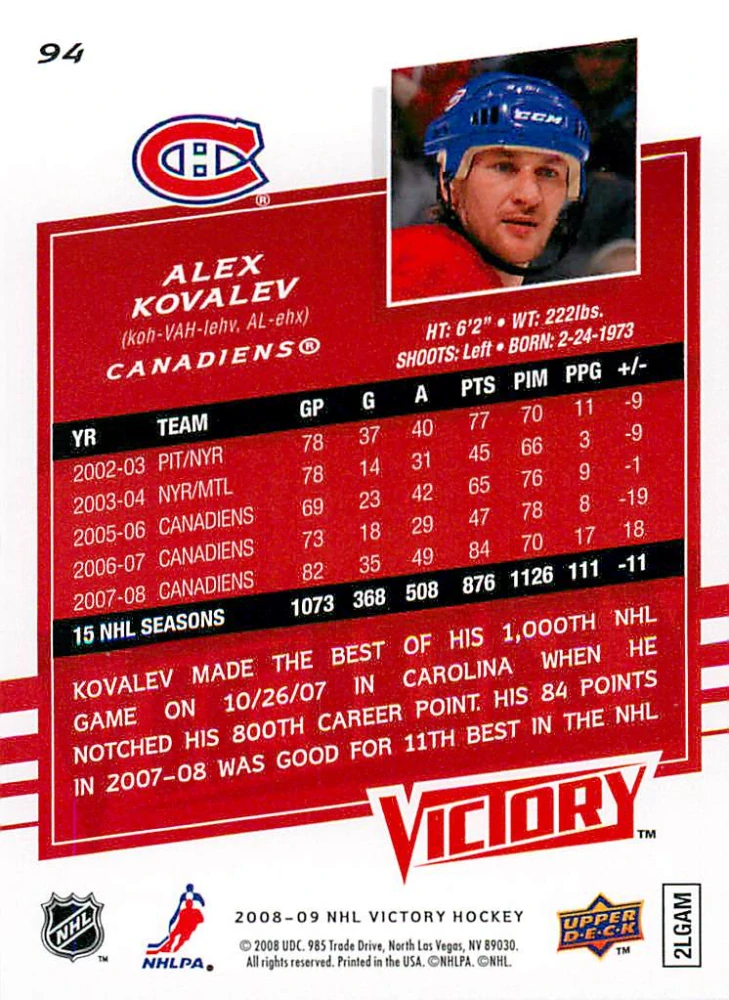 2008-09 UD Victory - Alex Kovalev #94