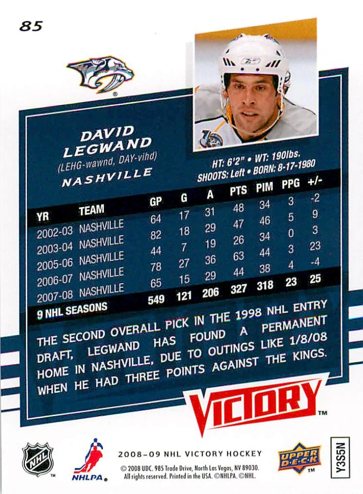 2008-09 UD Victory - David Legwand #85