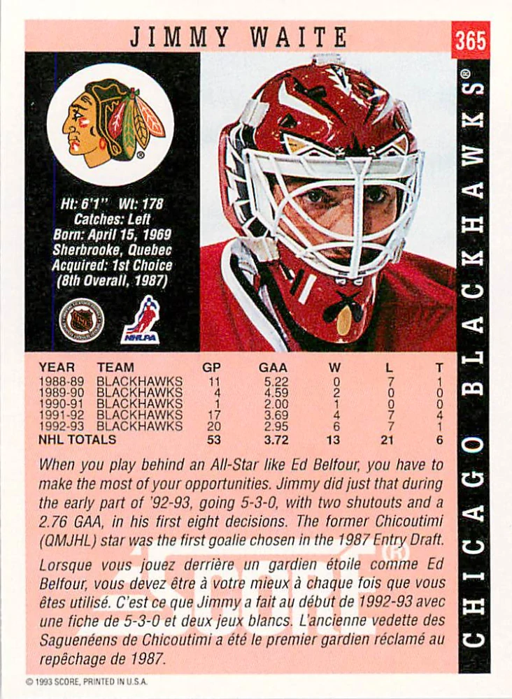 1993-94 Score - Jimmy Waite (French) #365