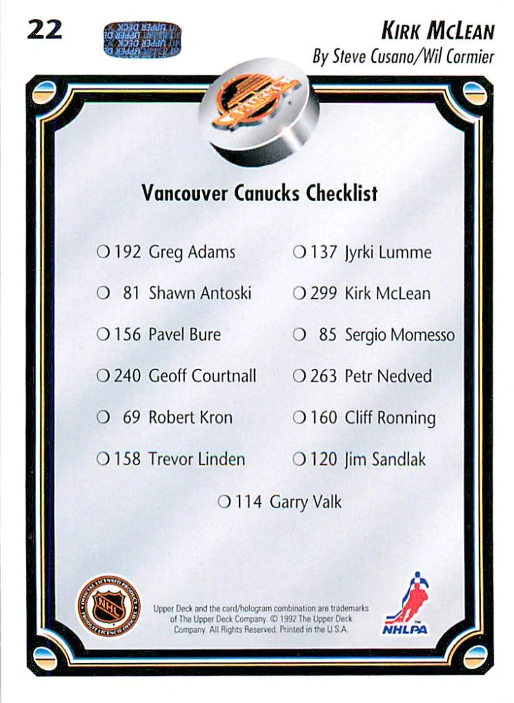 1992-93 UD Series - Kirk McLean - Vancouver Canucks Checklist #22