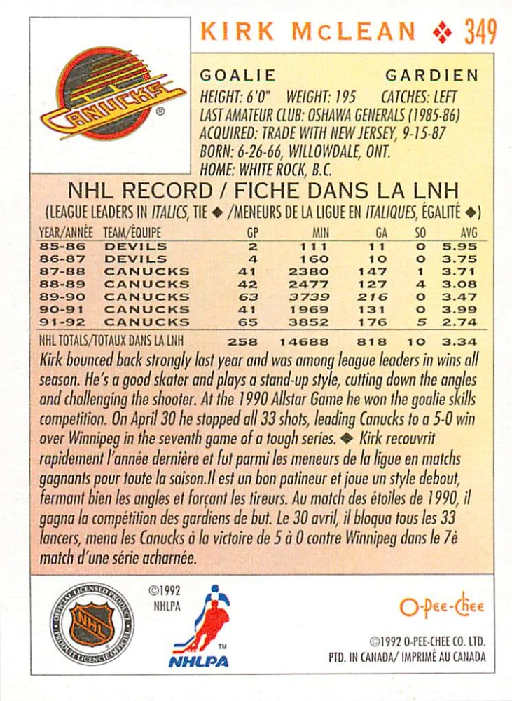 1992-93 O-Pee-Chee - Kirk McLean #349
