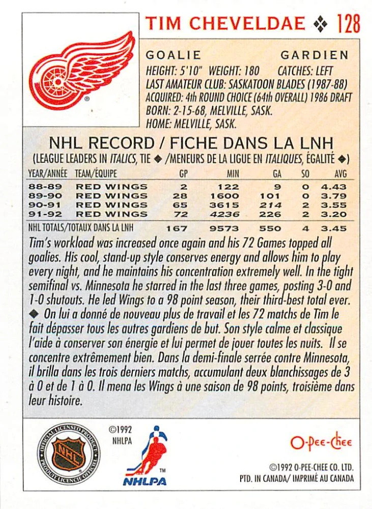1992-93 O-Pee-Chee - Tim Cheveldae #128