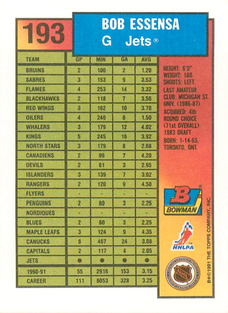 1991-92 Bowman - Bob Essensa #193
