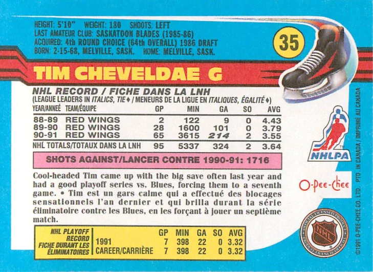 1991-92 O-Pee-Chee - Tim Cheveldae #35