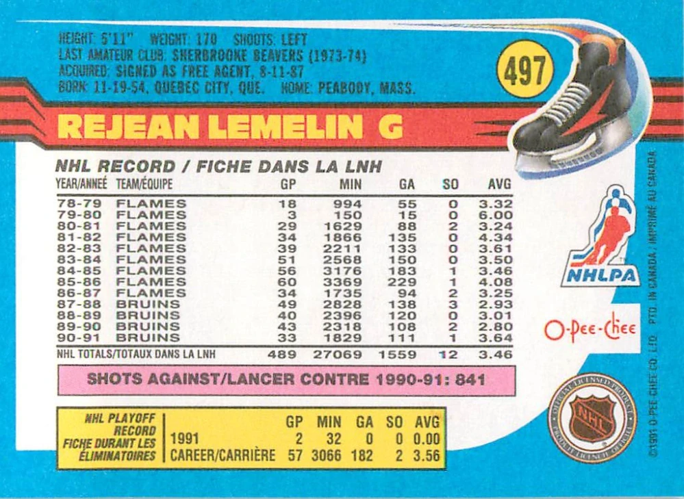 1991-92 O-Pee-Chee - Rejean Lemelin #497