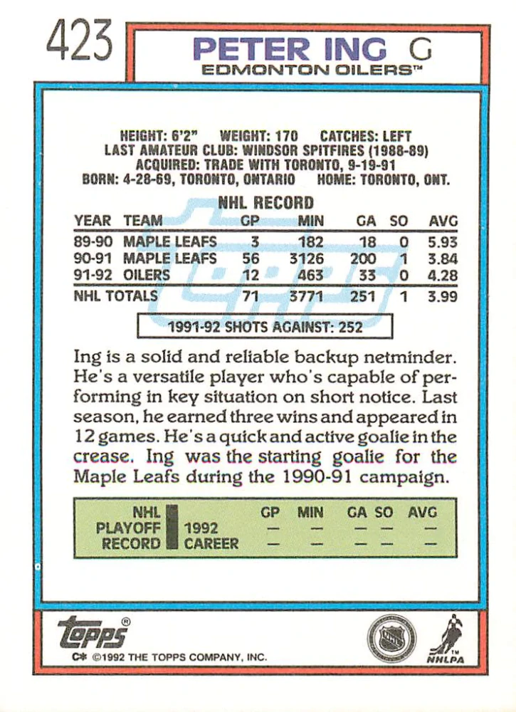 1992-93 Topps - Peter Ing #423