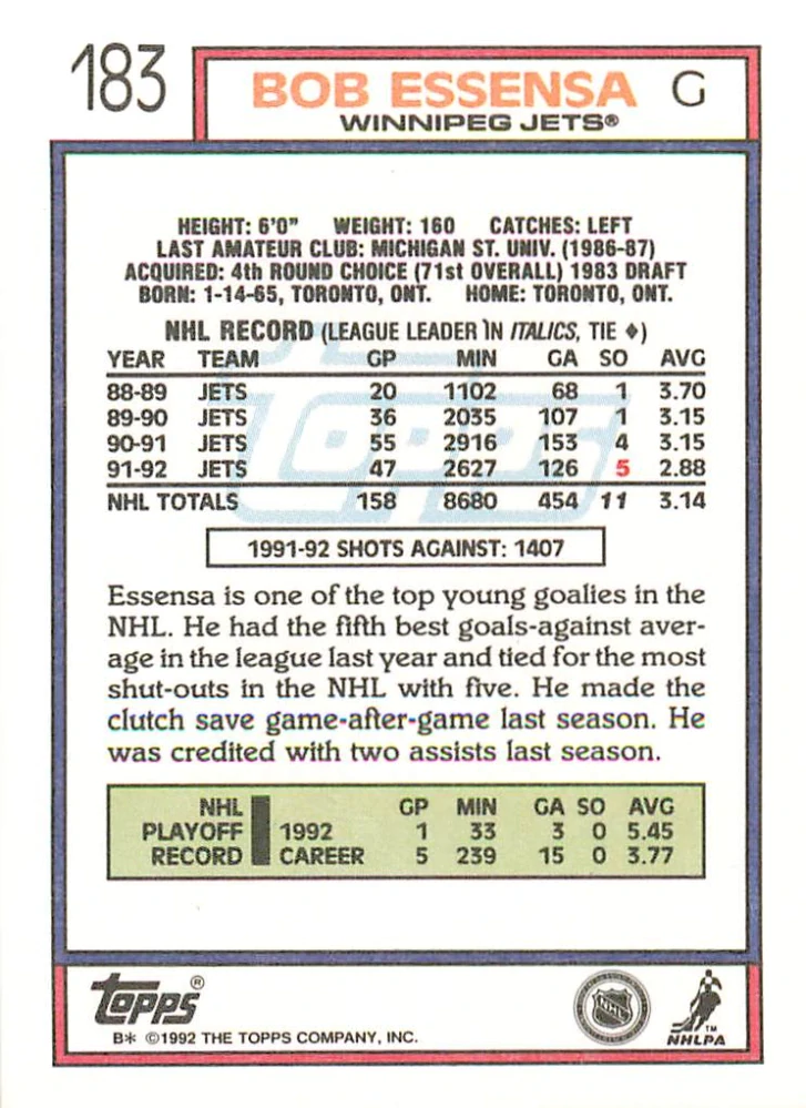 1992-93 Topps - Bob Essensa #183