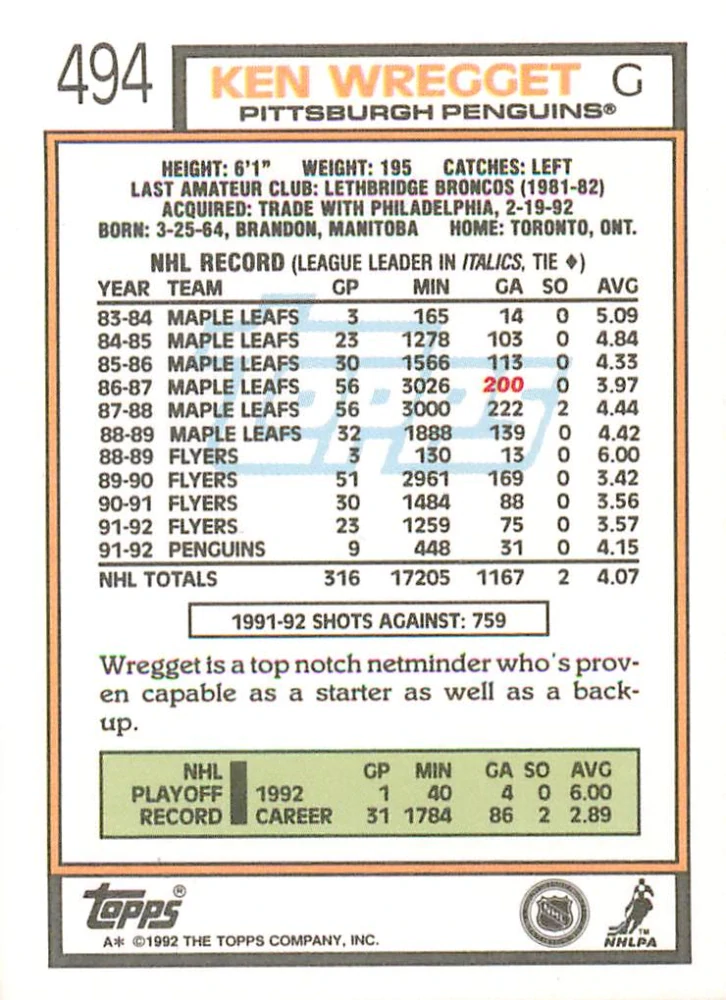 1992-93 Topps - Ken Wregget #494