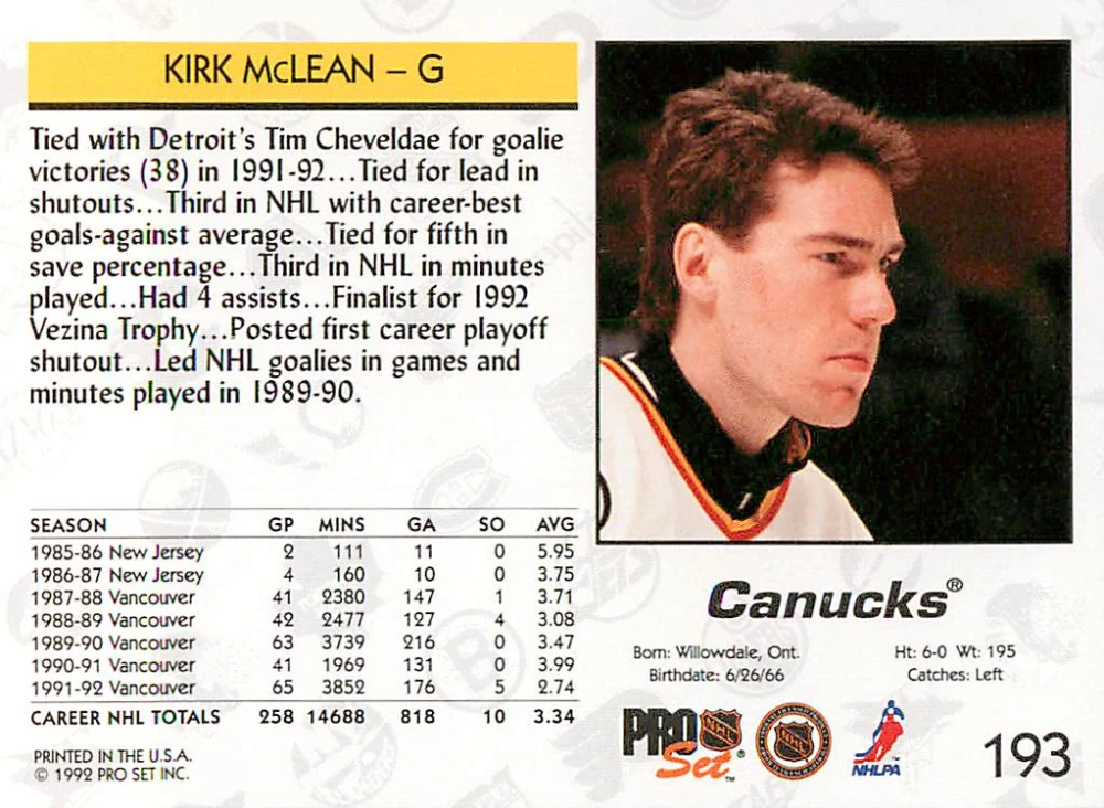 1992-93 Pro Set - Kirk McLean #193
