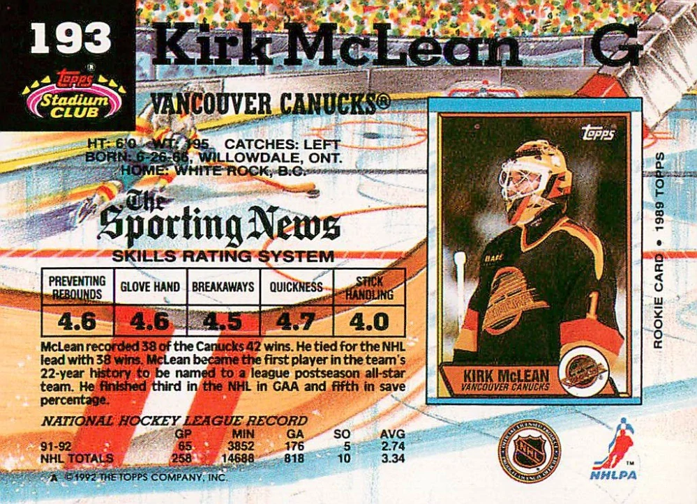 1992-93 Topps Stadium Club - Kirk McLean #193