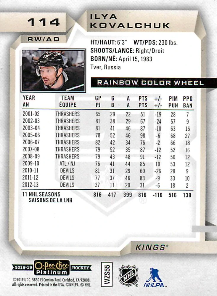 2018-19 UD O-Pee-Chee Platinum - Ilya Kovalchuk - Rainbow Color Wheel #114