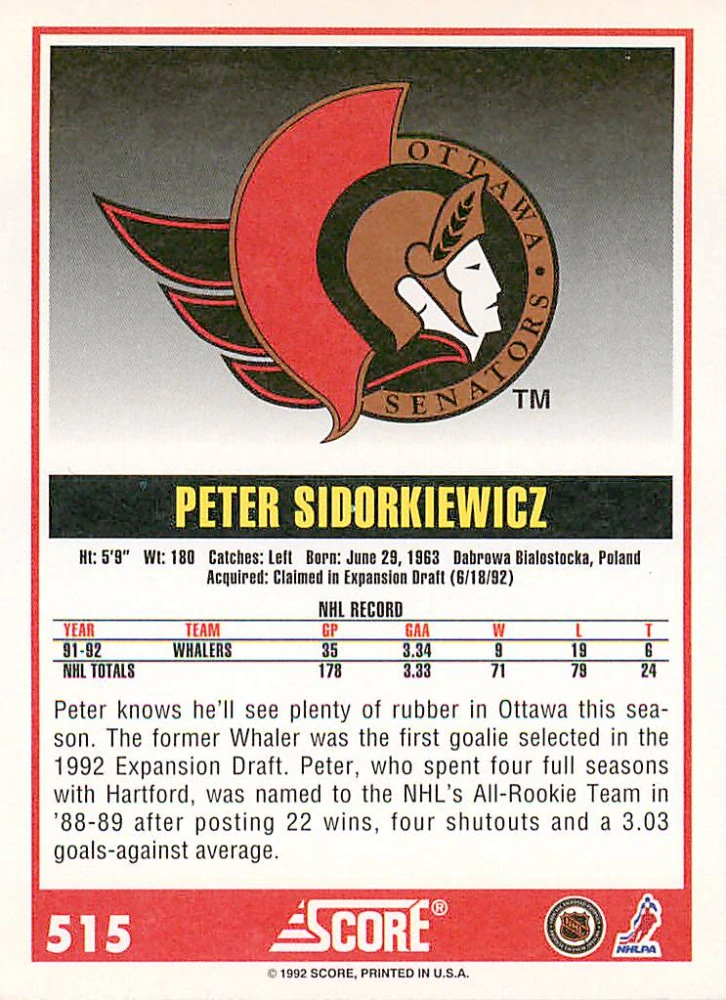 1992-93 Score - Peter Sidorkiewicz #515