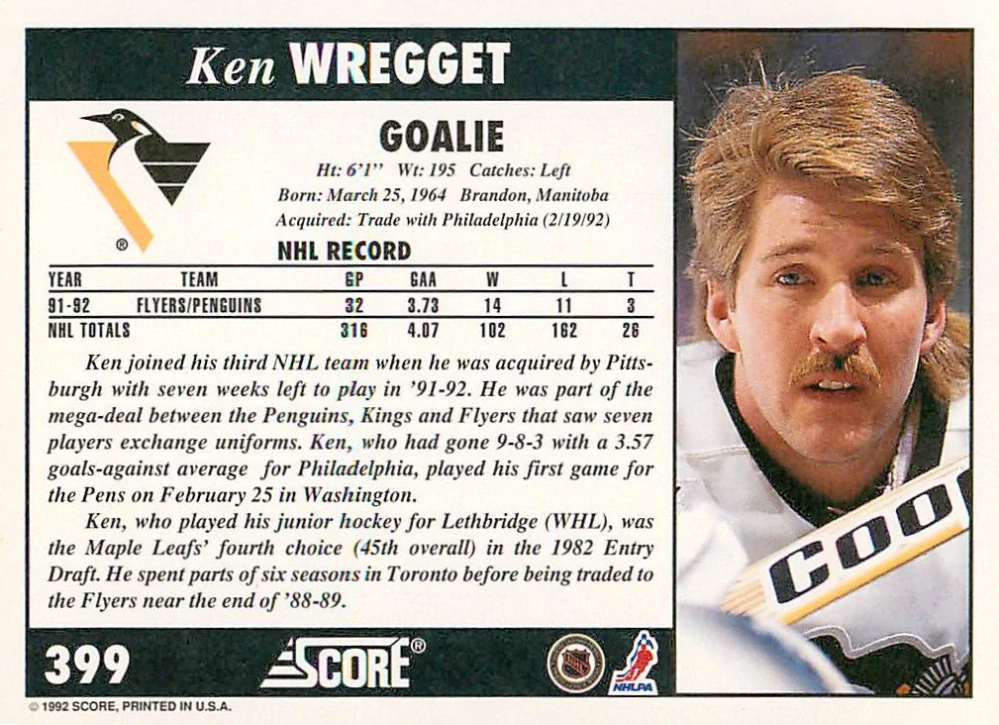 1992-93 Score - Ken Wregget #399