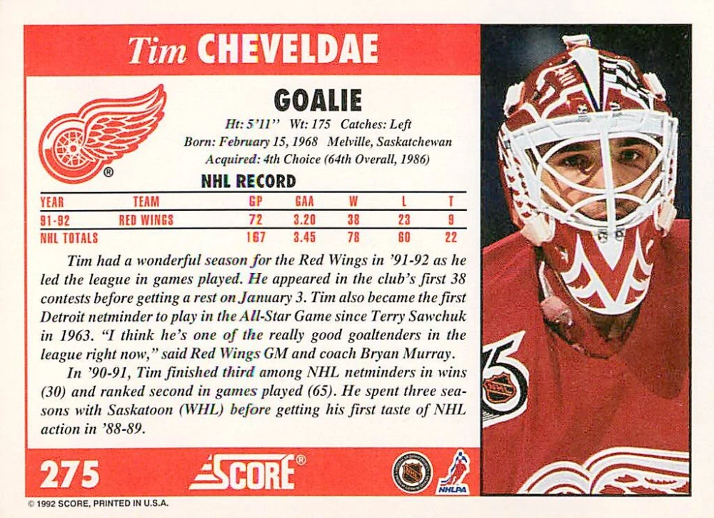 1992-93 Score - Tim Cheveldae #275