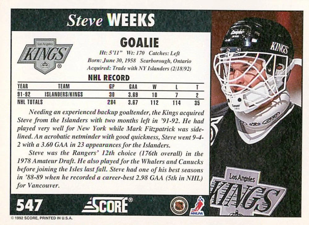 1992-93 Score - Steve Weeks #547
